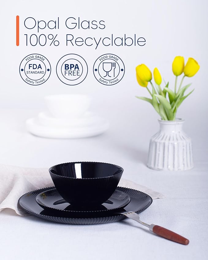 20 OZ Max Black Opal Glass Cereal Bowl Set of 6, 6 inch Dishwasher & Microwave Safe Round Ribbed Bowls for Kitchen, Salad, Soup and Rice
