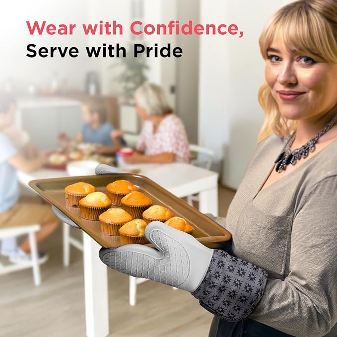 Kitchen Mama UltraShield Silicone Oven Mitts – Heat Resistant, Non-Slip Surface, Durable, Safe, Pot Holders, Flexible Waterproof Glove Set, Perfect for Cooking, Baking, Grilling, BBQ (Gem -Gray)