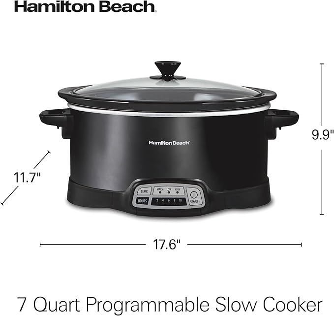 Hamilton Beach Portable 7 Quart Programmable Slow Cooker with Three Temperature Settings, Lid Latch Strap for Easy Travel, Dishwasher Safe Crock, Black (33474G)