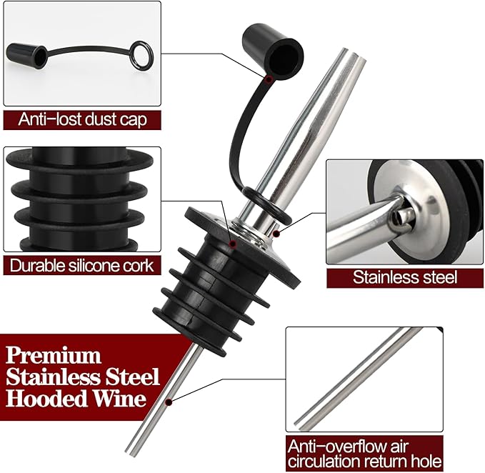 12/24/48/100 Pack Liquor Pour Spout, Stainless Steel Classic Bottle Pourers with Rubber Dust Cap, Speed Wine Bottle Pourer for Liquor Bottle, Oil Bottles