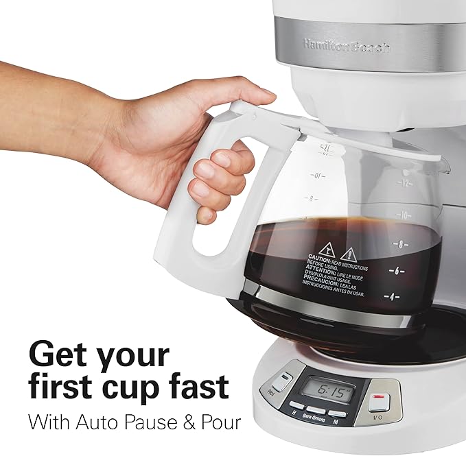 Hamilton Beach 12 Cup Programmable Drip Coffee Maker Machine, Regular & Bold Brew Options, Auto Pause and Pour, Glass Carafe, White (46294J)