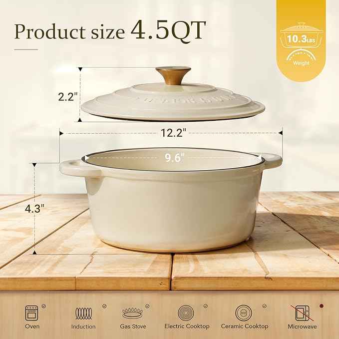 Overmont Enameled Cast Iron Dutch Oven - 4.5QT Pot with Lid Cookbook & Cotton Potholders - Heavy-Duty Cookware for Braising, Stews, Roasting, Bread Baking Cream White