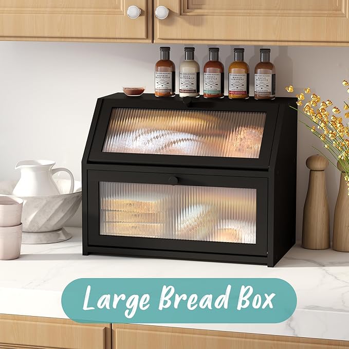 Black Bread Box for Kitchen Counter, Large Bamboo Wood Double Layer Bread Box, Wooden Bread Storage Capacity