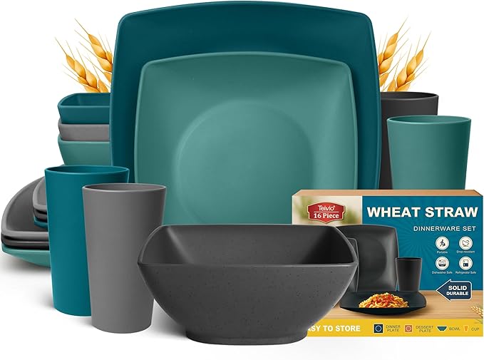Teivio 16-piece Plastic Wheat Straw Square Dinnerware Set for 4, Unbreakable Dinner Plates, Salad Plates, Snack Bowls, Tumblers 13.5 oz, Dishwasher Safe, Kitchen Outdoor RV Dish, Coastal Multicolor