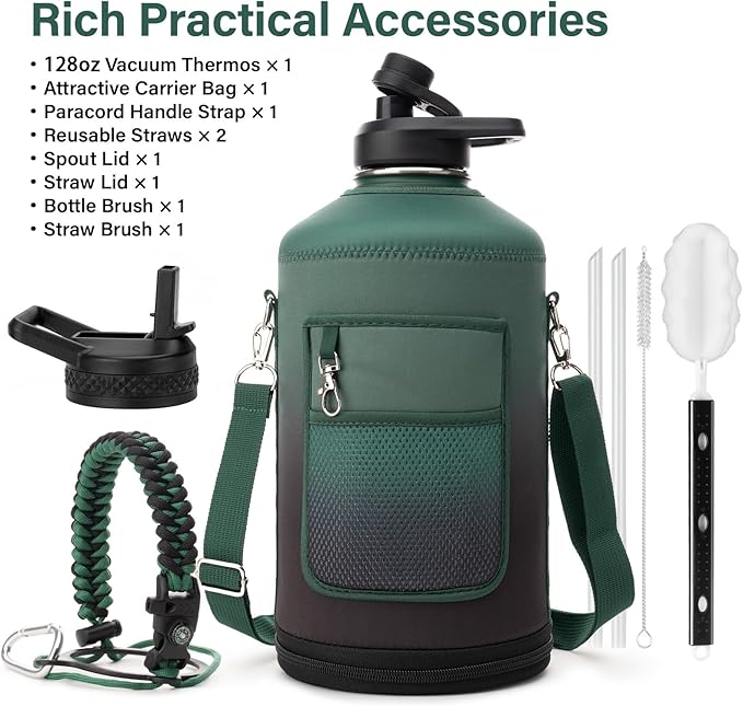 DYSANKY 1 Gallon Water Bottle Insulated | Thickened Stainless Steel Vacuum Metal Water Jug | Portable Sports Large for Gym and Hiking with Straw, Carrier Bag, Handle Strap | BPA-Free 128 oz
