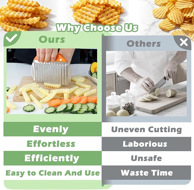 Suuker Large Crinkle Cutter for Veggies,French Fry Cutter with Wooden Handle,Potato Slicer French Fries Chopper,Potato Chip Slicer,Crinkle Cut Fries,Wavy Knife for Cucumber,Carrot,Carrot Chopper