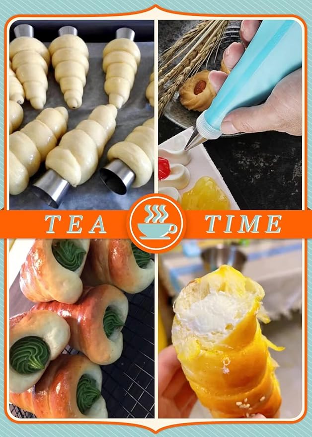 Stainless Steel Cannoli Forms Set, 5 Large Cannoli Forms, 5 Large Hones Mould, 5 Small Croissant Form, Cleaning Brush, Reusable Icing Bag and Long Frosting Tip for Puff Cupcakes Pastry