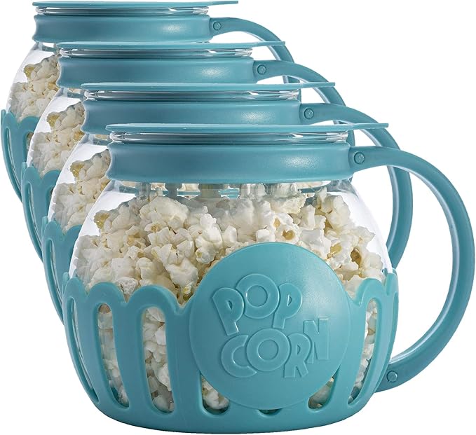 Ecolution Patented Micro-Pop Microwave Popcorn Popper with Temperature Safe Glass,3-in-1 Lid Measures Kernels and Melts Butter,Made Without BPA,Dishwasher Safe,1.5-Quart,Teal,(Pack of 4)