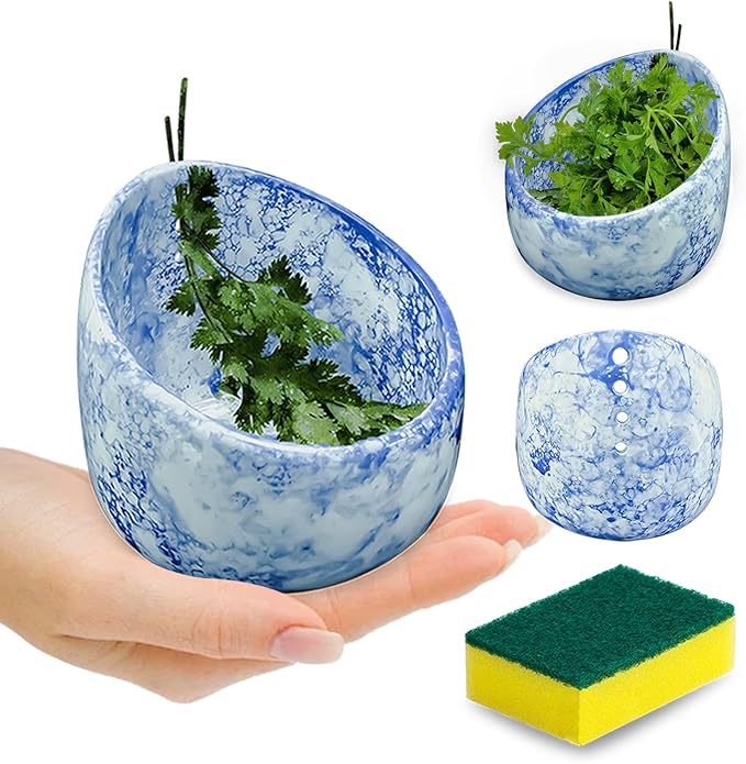 Chinese Kiln Transformation Blue and White Pattern Ceramic Herb Stripper Bowl - Pottery Herb Stripper, Kitchen for Efficient Kale/Cilantro/Thyme Leaf Removal