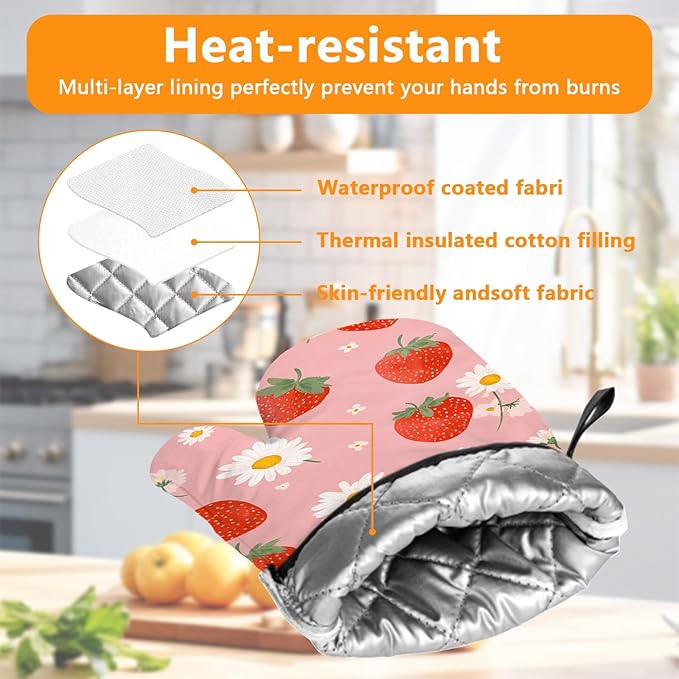 Strawberry Flowers Oven Mitts and Pot Holders Sets 4Pcs Silicone Non-Slip Mitts Heat Resistant Gloves Hot Pads for Kitchen Cooking Baking Grilling BBQ