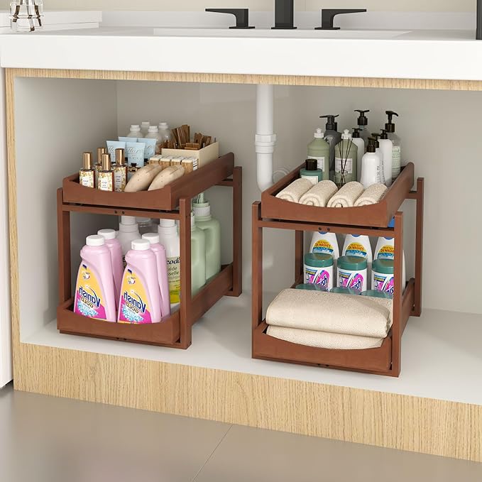 MHXW SXPN Bamboo Under Sink Organizer and Storage, Pull Out Cabinet Organization, 2 Tier Vertical Slide Out Undersink Storage Shelf, Organizer Shelves for Kitchen Bathroom Medicine (Brown, 2 Pack)