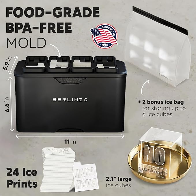 Berlinzo Premium Clear Ice Cube Maker with Conversation Ice Prints – 8 Large 2.1" Crystal Clear Ice Squares – Giftable Idea for Party, Game Night & Just for Fun – Includes Storage Bag (Non-Electric)