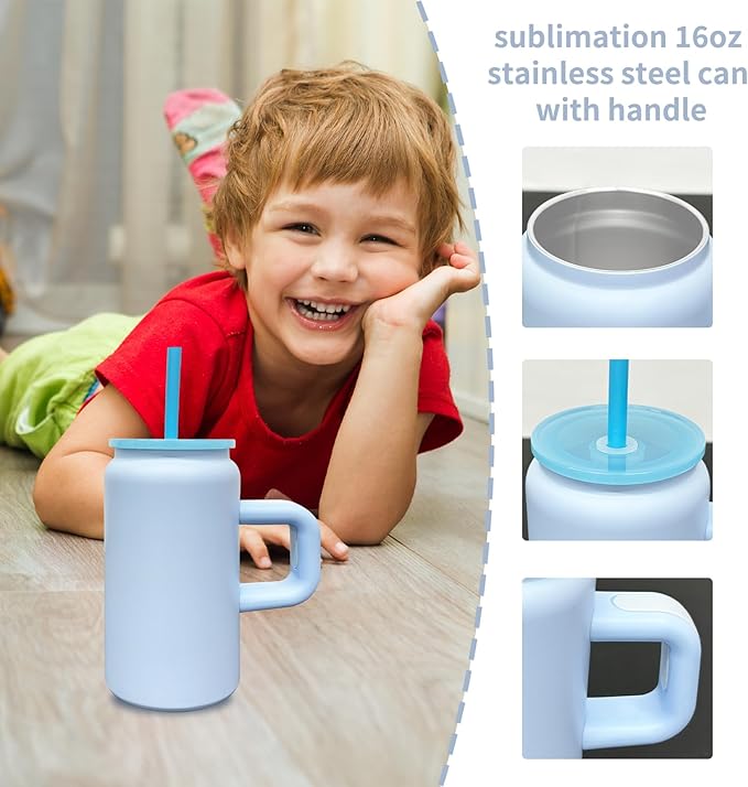 4 Pack 16 oz Sublimation Tumblers with Handle and Straw for Kids, Stainless Steel Sublimation Tumblers Bulk with Lids, Vacuum Insulated Iced Coffee Cups for DIY Craft Heat Press Print (Blue,4 pack)
