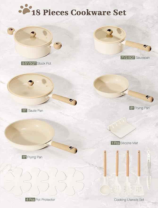 Astercook Pots and Pans Set Non Stick, Ceramic Cookware Set Non Toxic, 18 Pcs Dishwasher Safe Induction Cookware for Everyday Cooking & Kitchen Gifts