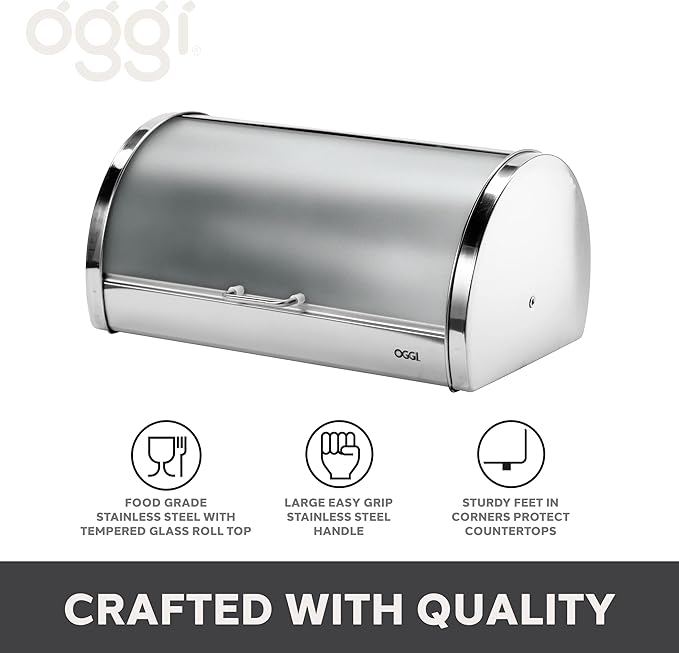 Oggi Stainless Steel Roll Top Bread Box for Kitchen Countertop with Frosted Plexilass Lid - Fits Multiple Loaves of Bread and Other Freshly Baked Goods Including Cookies, Bagels, Muffins