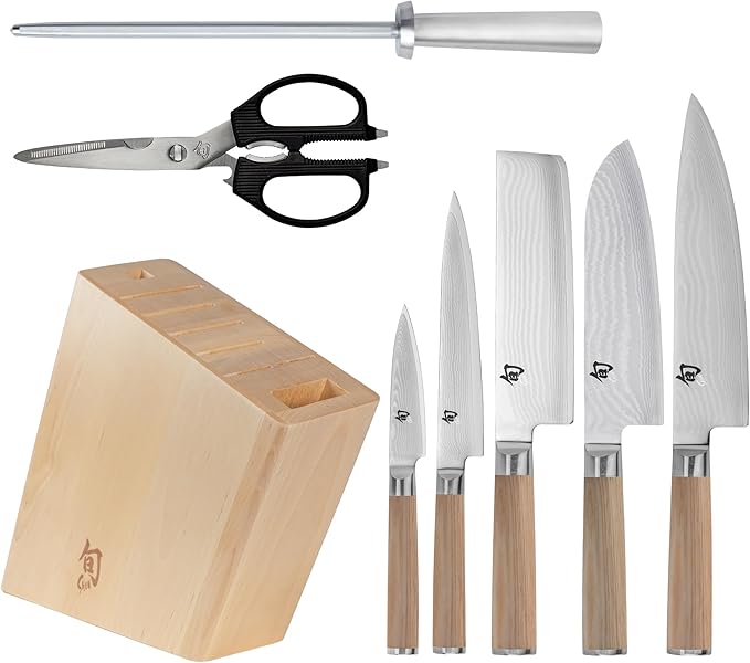 Shun Classic Blonde 8 Piece Block Set, Includes 8" Chef, 7" Santoku, 3.5" Paring, 6.5" Nakiri, 6" Utility Knives, Multipurpose Shears, Honing Steel & Knife Block, Handcrafted Japanese Knife Set