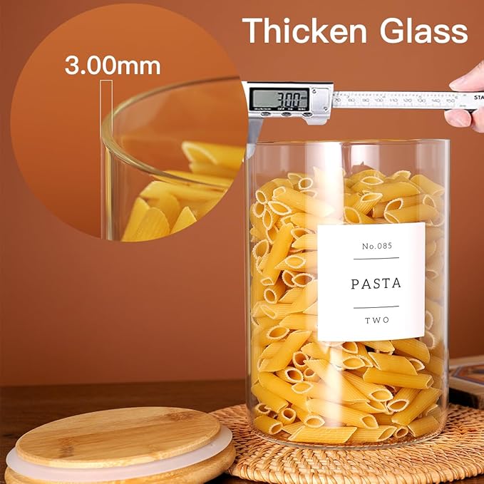CZZGSM Set of 6 Glass Flour and Sugar jars with 132 Kitchen Pantry Labels - Thicken Large Glass Storage containers with Airtight Bamboo Lid - Rice Canisters for Salt Coffee - 100OZ/54OZ/27OZ