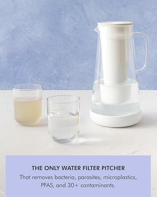 LifeStraw Home– Water Filter Pitcher, 7-Cup, Glass with Silicone Base, Stormy Blue, for Everyday Protection Against Bacteria, parasites, microplastics, Lead, Mercury, PFAS and a Variety of Chemicals