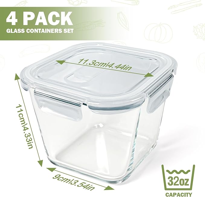Soup Containers with Lids Glass 32 oz, 4 Cup Borosilicate Glass Food Storage Containers, Microwave & Freezer Safe Jars, Small Square Meal Prep Bowl for Salad, Fruit, Lunch, Ice Cream, Travel, 4 Pack