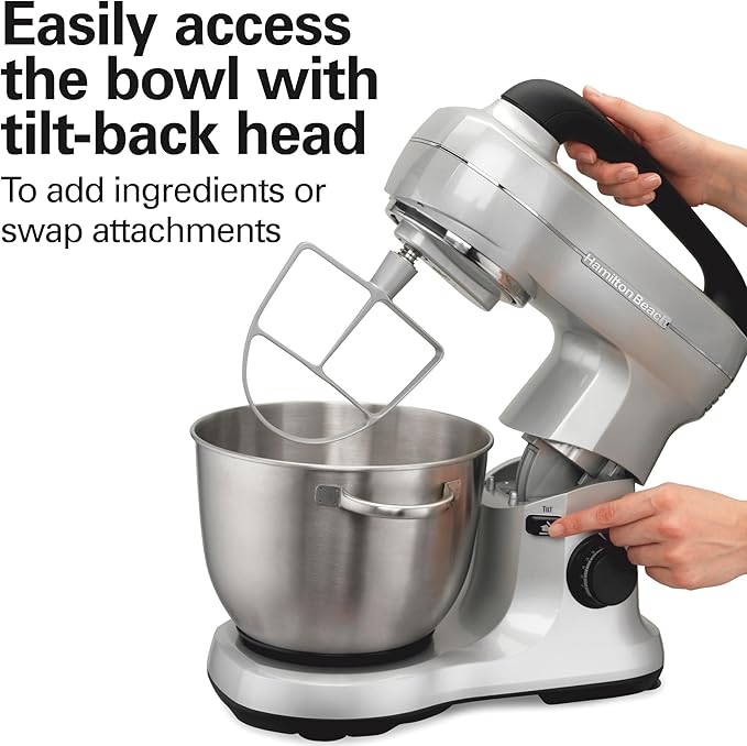 Hamilton Beach Electric Stand Mixer, 4 Quarts, Dough Hook, Flat Beater Attachments, Splash Guard, 7 Speeds with Whisk, Easy-Carry Top Handle, Silver