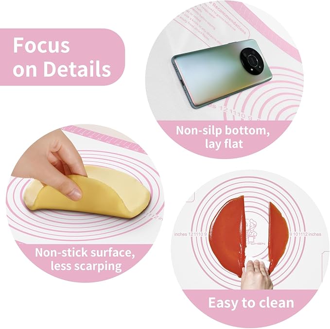 Silicone Pastry Mat for Dough Rolling, Extra Large Silicone Baking Mat with Measurements, Baking sheet for Cookies Fondant Pie Crust, Pink 28X20 INCH