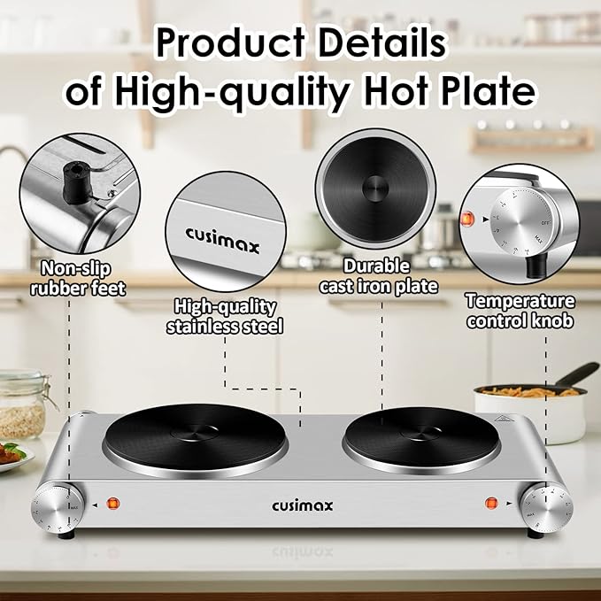 CUSIMAX Hot Plate, Electric Double Burner, 1800W Cast Iron Countertop Cooktop, Portable for Cooking, Compatible for All Cookwares, Easy Clean, Upgraded Version