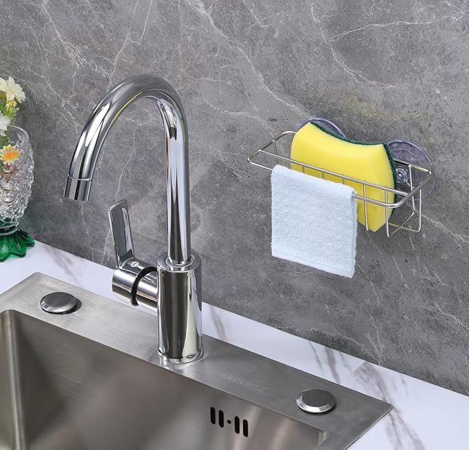 TESOT Sink Caddy Sponge Holder for Kitchen Sink Dish Cloth Hanger 2 Suspension Options(Suction Cups and Adhesive Hook), SUS304 Stainless Steel, Silver