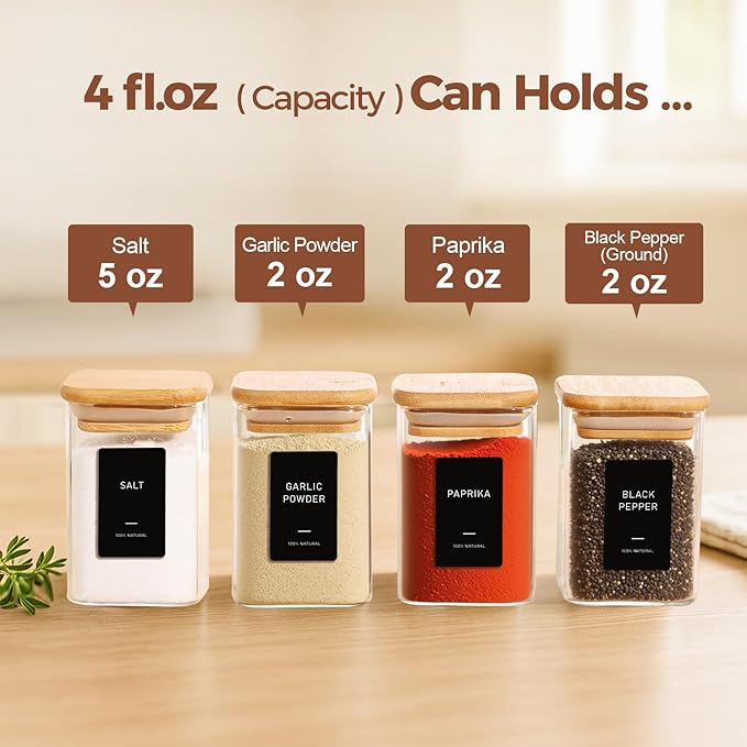ComSaf Spice Jars with Label 4oz 16 Pack, Glass Spice Jars with Bamboo Lid, Small Seasoning Containers with 54 Black Labels, Stackable for Kitchen, Pantry Organization, Loose Tea, Herbs, Powders, Salt