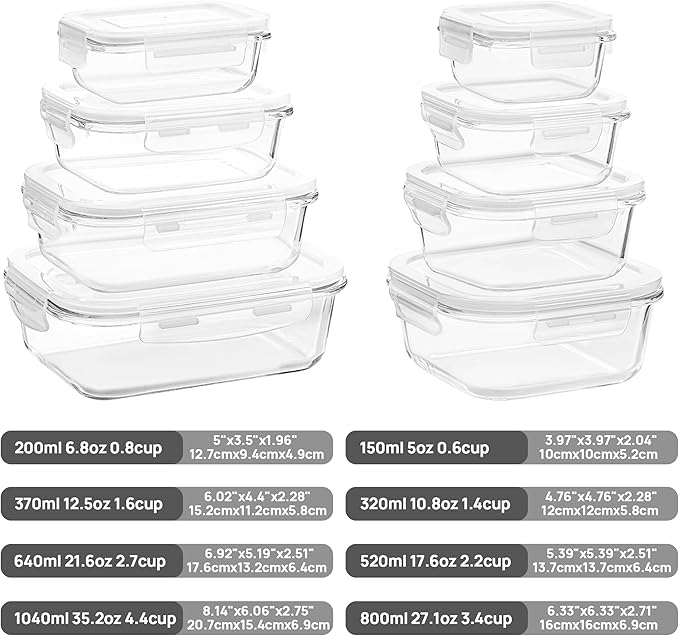 Vtopmart 8 Pack Glass Food Storage Containers with Airtight Lids, Glass Meal Prep Containers, Lunch Office Meal for Microwave, Oven, Freezer and Dishwasher, BPA Free