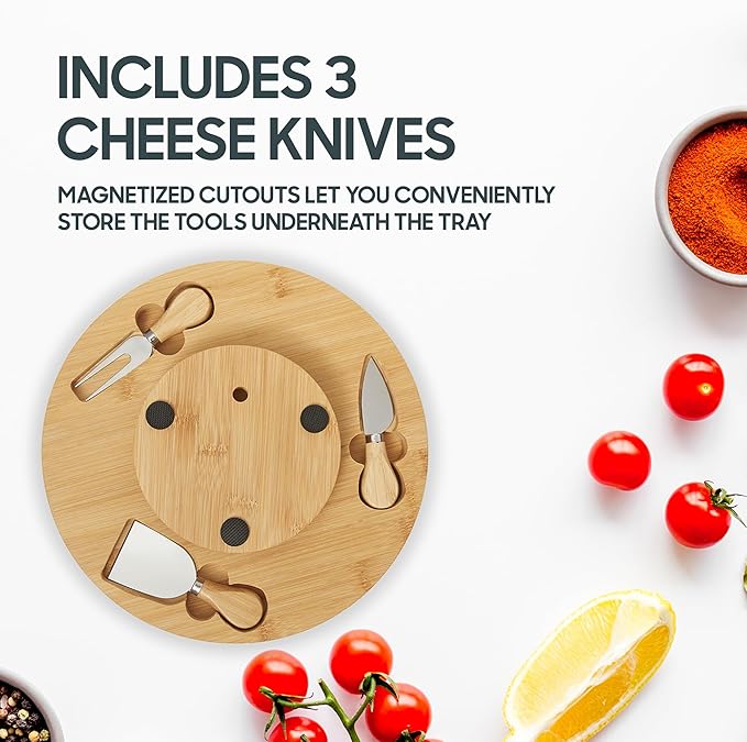 Hammer + Axe Premium Serving Bundle - Rotating Bamboo Charcuterie Serving Tray with Food Labels & 3 Cheese Tools| Acacia Wood Cheese Board with Knife & Fork| Dinner Party & Housewarming Gift Set