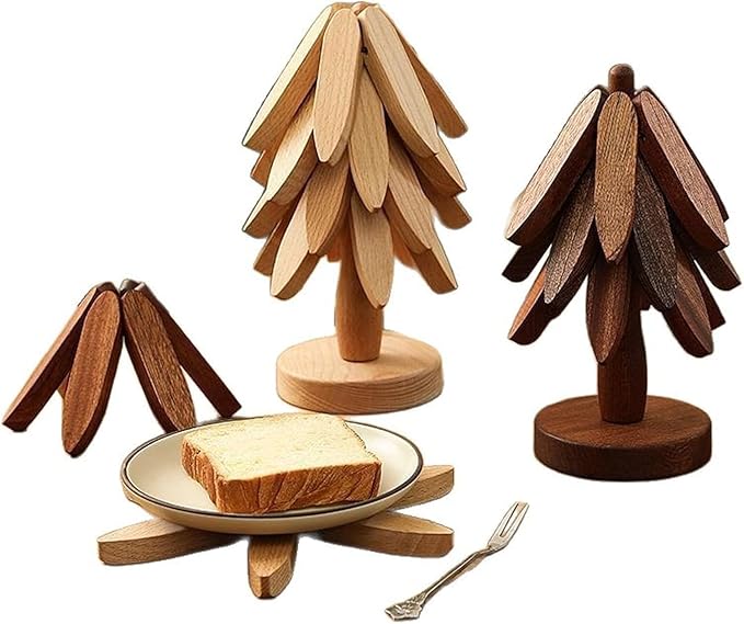 Natural Wood Tree Trivet Set, 𝐍atural Tree Trivet Set - 4 Wooden Trivets,4 Wooden 𝐓rivets & 1 Stand Like a Christmas Trees,for Hot Dish,Pot,Bowl,Teapot,Hot Pot Sets (Walnut Finish 4 Trivets,1set)