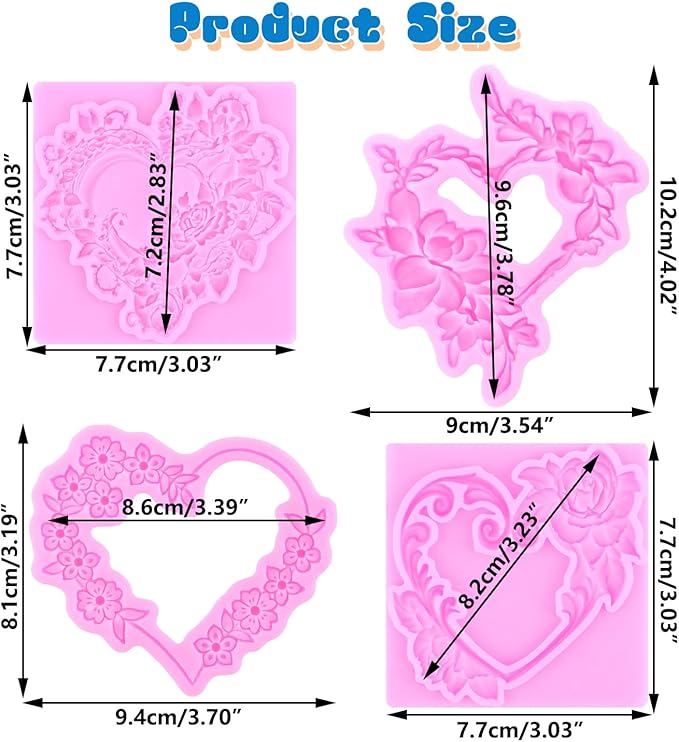 Mujiang Flower Garland Fondant Molds Floral Wreath Silicone Mold Heart Photo Frame Mold for Cake Decoration Cupcake Topper Candy Polymer Clay Gum Paste Set of 4