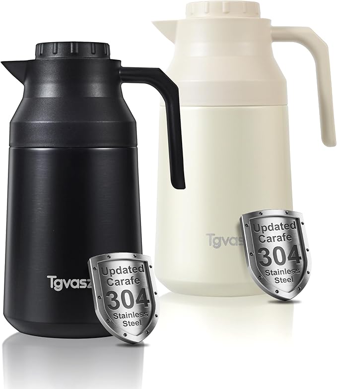 2 PCS Thermal Coffee Carafe Insulated Stainless Steel Coffee Carafe for Hot Liquid Vacuum Thermal Pot Creamer Pitcher Dispenser Keeping Hot Water Milk(Black/White 68 oz)