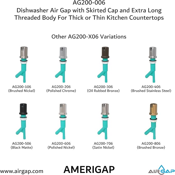 Dishwasher Air Gap with Skirted Cap and Extra Long Threaded Body for Thick or Thin Kitchen Countertops (AG200-006, AG200-003, 52, AMERIGAP)