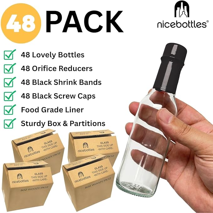 nicebottles Hot Sauce Bottles with Black Caps & Shrink Bands, 5 Oz - 48 Pack