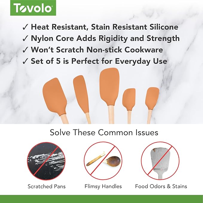Tovolo Silicone Spatula with Wooden Handle Set of 5 Piece Silicone Kitchen Utensil Set Spoonula Jar Scraper Mini Spatula and Spoonula for Cooking Baking Mixing Folding Apricot Orange Cookware
