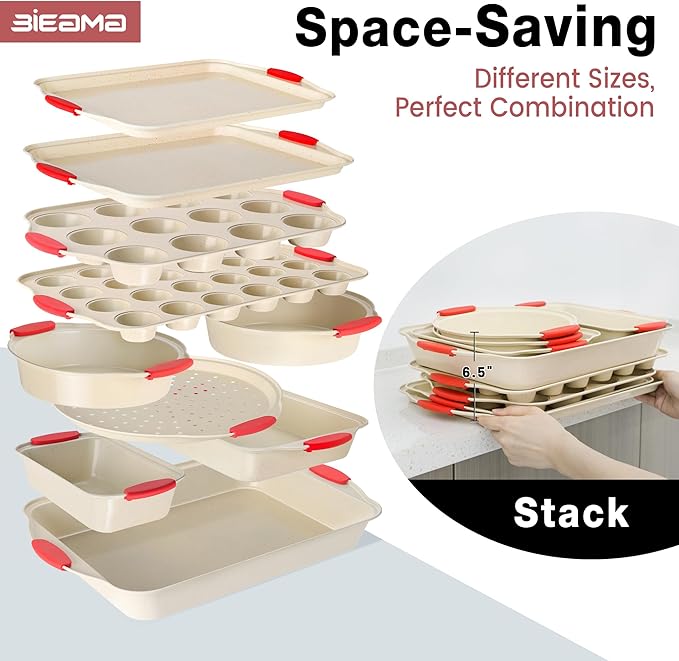 BIEAMA 13-Piece Baking Pans Sets, Nonstick Bakeware Sets, BPA-Free Carbon Steel Stackable Bakeware Set, Cream