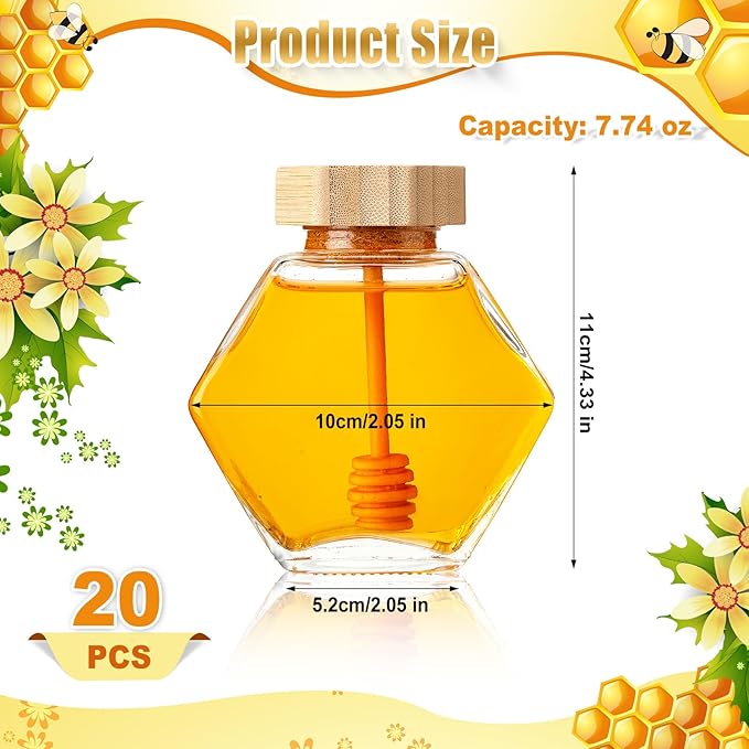 Sunnyray 30 Pcs Glass Honey Jars with Dipper Hexagonal Clear Glass Dispenser Small Honey Containers Bottle with Wooden Dipper and Cork Lid for Home Storage Kitchen (220 ml)