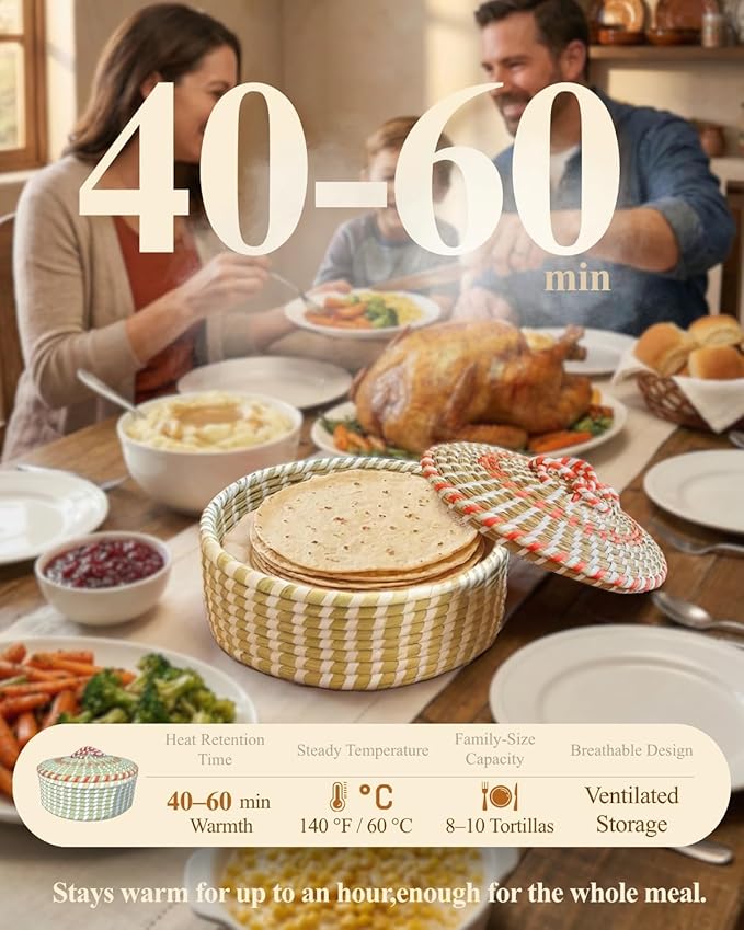 Handwoven Seagrass Tortilla Warmer Basket with Lid, 9.6" Breathable Natural Tortilla Holder with 2 Washable Cotton Liners, Boho Farmhouse Style Server for Tortillas, Roti, Pancake & Flatbread