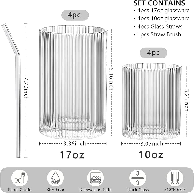 INSETLAN Set of 8 Ribbed Glassware - 4 Large Glasses 17 oz, 4 Rocks Glass Cups 10 oz, Vintage Glassware Cocktail Glasses, Ideal for Beer, Juice, Water, Ice Coffee Cup, Whiskey, Mixed Drinkware