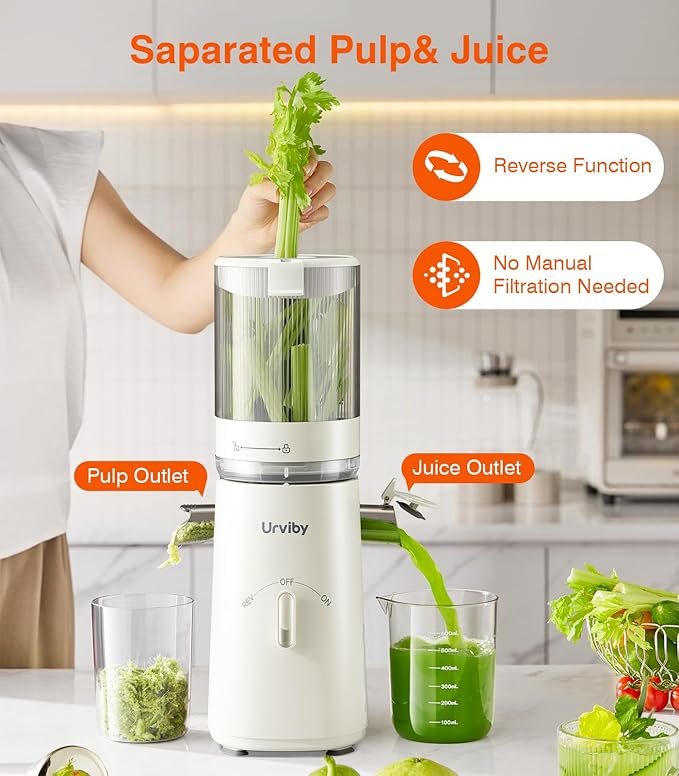 Juicer Machines, 2-in-1 Cold Press Juicer for Juice & Sorbet, suit for Vegetable and Fruit with 5-Inch Wide Chute, Powerful Masticating/High-Yield High Nutrients/Rev Mode/Easier Clean (Off-white)