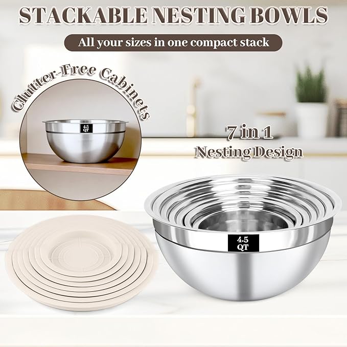 Mixing Bowls with Lids Set - 7PCS Nesting Mixing Bowls, Lids, Stainless Steel Mixing Bowls for Mixing, Baking & Meal Prep, Dishwasher Safe, Size 0.7/1.1/1.5/2.1/3.5/4/4.5 QT, Khaki