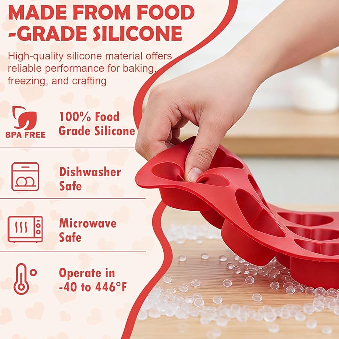 HKNMTT Silicone Heart Molds Valentine's Day for Chocolate Muffin Chocoflan Cake Egg Bites Jello Soap Cupcake Baking, 12 Cavities 2 Pack Love Shapes Red Dessert Pan Handmade DIY Gift Oven Safe Mould
