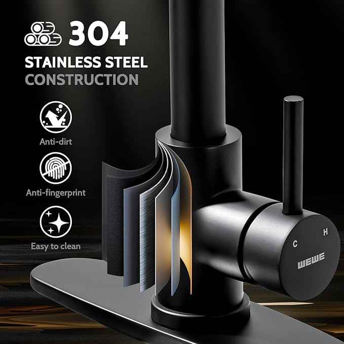 WEWE Kitchen Faucets with LED Light, Kitchen Faucet with Pull Down Sprayer Commercial Stainless Steel Single Handle Spring Farmhouse RV Sink Faucet, Matte Black