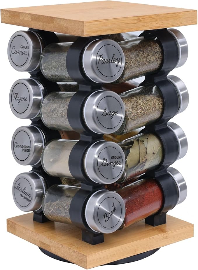 Orii 16 Jar Rotating Bamboo Spice Rack with Spices Included & 5-Year Spice Refill Program – Compact Countertop Spice Rack with Glass Jars
