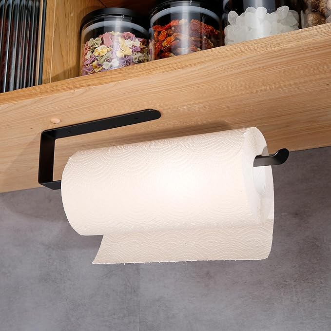 Self Adhesive Paper Towel Holder Under Cabinet Mount, 304 Stainless Steel Wall Mount Paper Towel Roll Rack for Kitchen Cabinet, Bathroom (Blakc)
