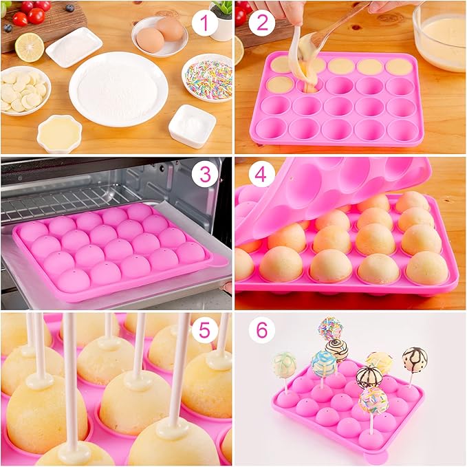 Silicone Cake Pop Mold Set - 2 Pack Lollipop Molds Kit with 40 Cake Pop Sticks, 100 Candy Treat Bags, and 100 Gold Twist Ties, Great For Chocolate Lollipop, Candy, Cake Pops