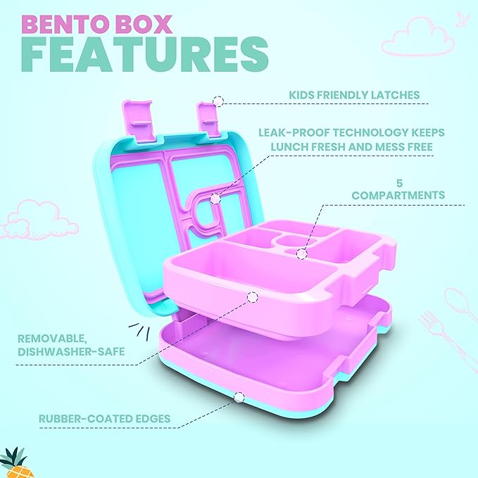 YOLAY Bento Box for Kids Lunch Box Leak-Proof, 5-Compartment Lunch Box Kids for Ages 3-10, Durable with Anti-Slip Base, Suitable for Schools, Outdoor and Travel (Scales)