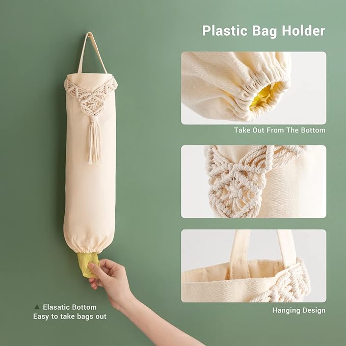 Mkono 2 Pack Macrame Plastic Bag Holder Grocery Organizer Shopping Trash Bag Dispenser Camper Boho Decor Storage for Kitchen Closet Pantry Laundry Room, Ivory, 6.3”W x 15.7”L