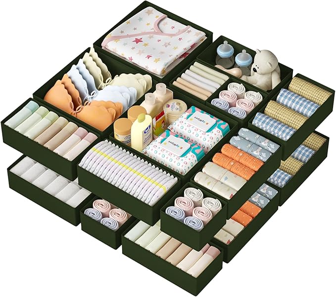 DIMJ Drawer Organizer Clothes 15 Pack - Foldable Baby Organizers and Storage & Dresser Organizer for Bedroom, Closet - Nursery Organization Dresser Dividers for underwear, Sock,Bra, Belt, Tie, Green